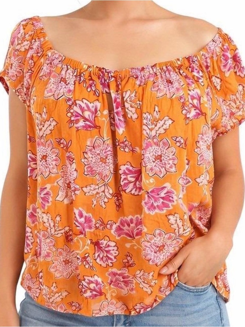 Old Navy Yellow Floral Elastic-Neck Blouse